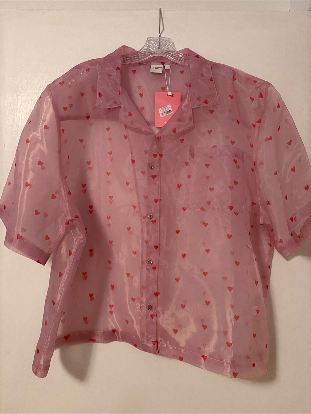 Skinnydip London Sheer Pink Heart Button-Up Blouse 22 Organza Plus Red Cute